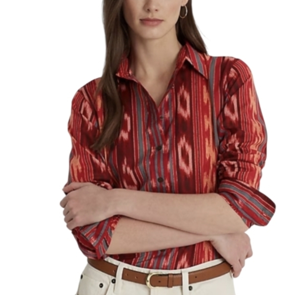 Lauren Ralph Lauren Black Label Petite M Geo Striped Cotton Voile Shirt